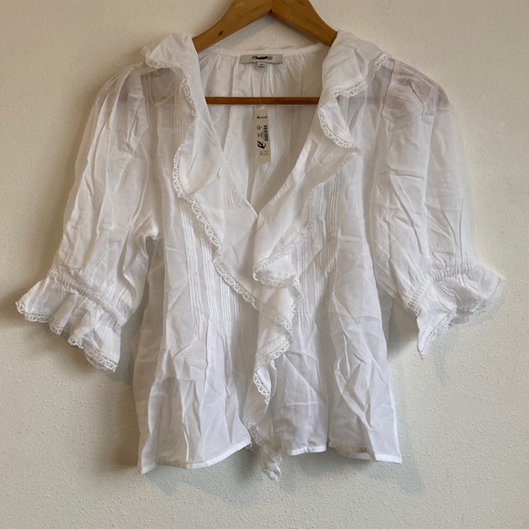 Madewell Pintucked Ruffled Puff-Sleeve Top XS White - Picture 2 of 7